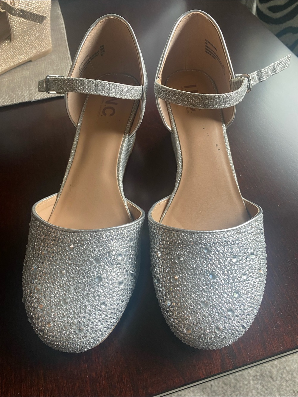 INC International Concepts Silver Crystal Ankle-Strap Flats